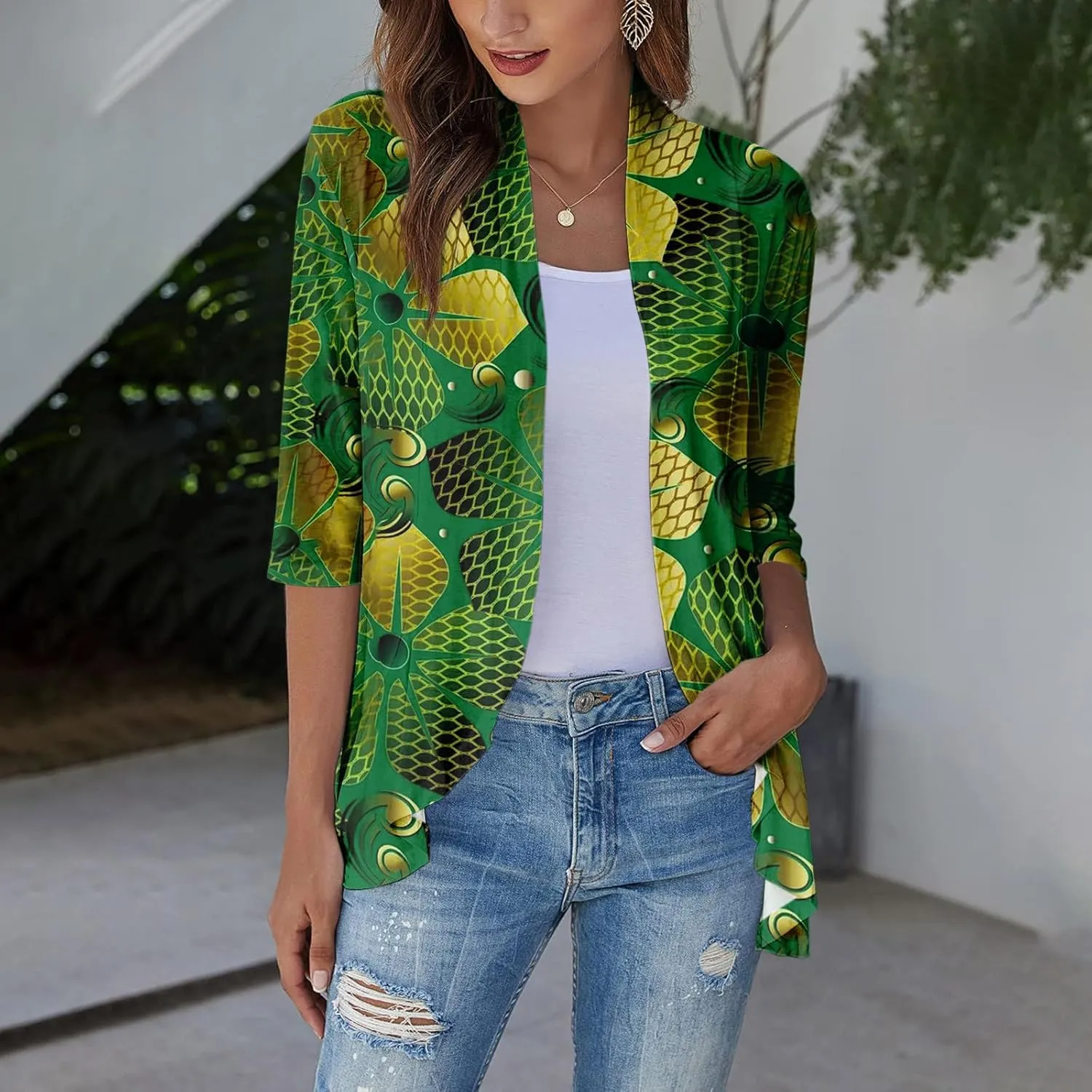 Long Sleeve Kimono for Womens Lightweight 3/4 Sleeve Cardigans Retro Print Jackets Casual Duster Blouse Tops Coat