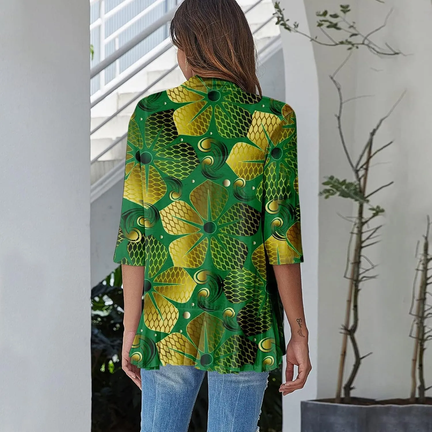 Long Sleeve Kimono for Womens Lightweight 3/4 Sleeve Cardigans Retro Print Jackets Casual Duster Blouse Tops Coat
