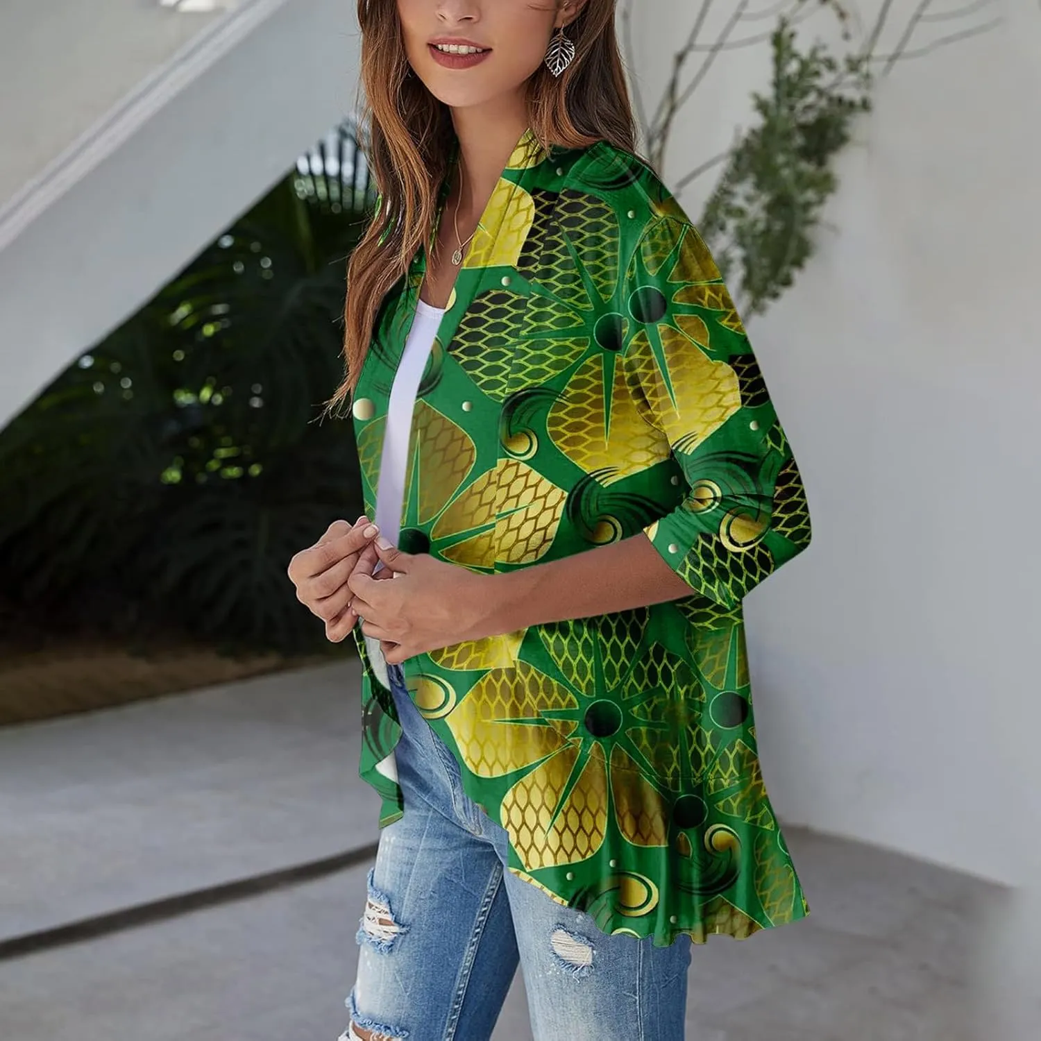 Long Sleeve Kimono for Womens Lightweight 3/4 Sleeve Cardigans Retro Print Jackets Casual Duster Blouse Tops Coat