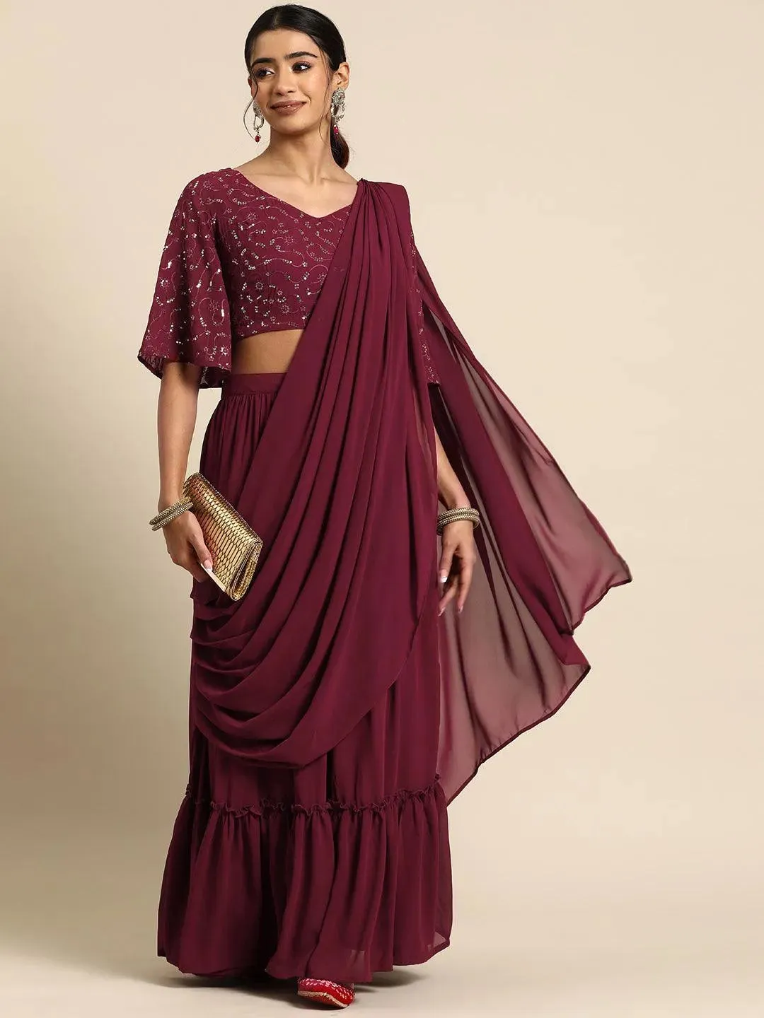 Maroon Embroidered Georgette Saree