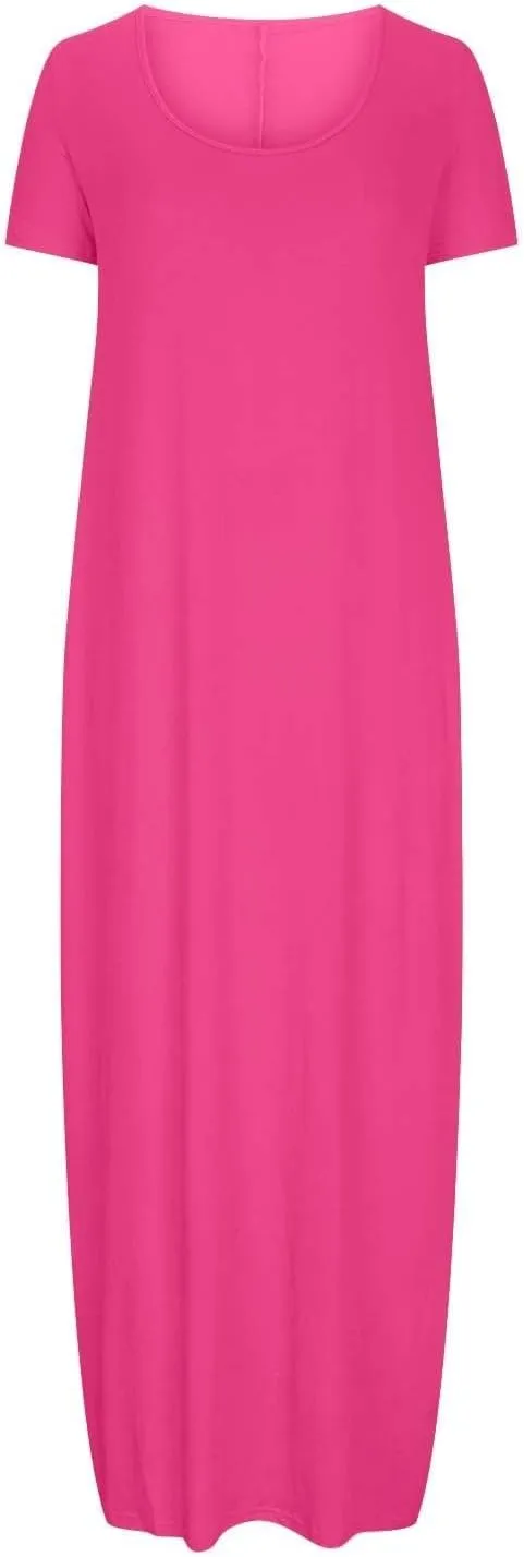 Maxi Dresses for Women Deep V-Neck Solid Color Long Dress with Pockets Summer Casual Short Sleeve