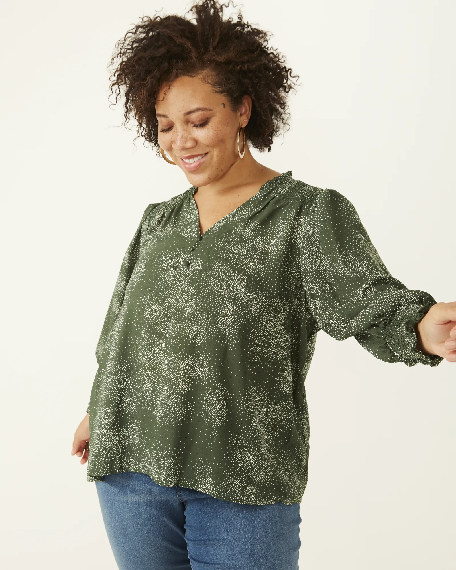 Maya Smocked Blouse | Olive Green / White