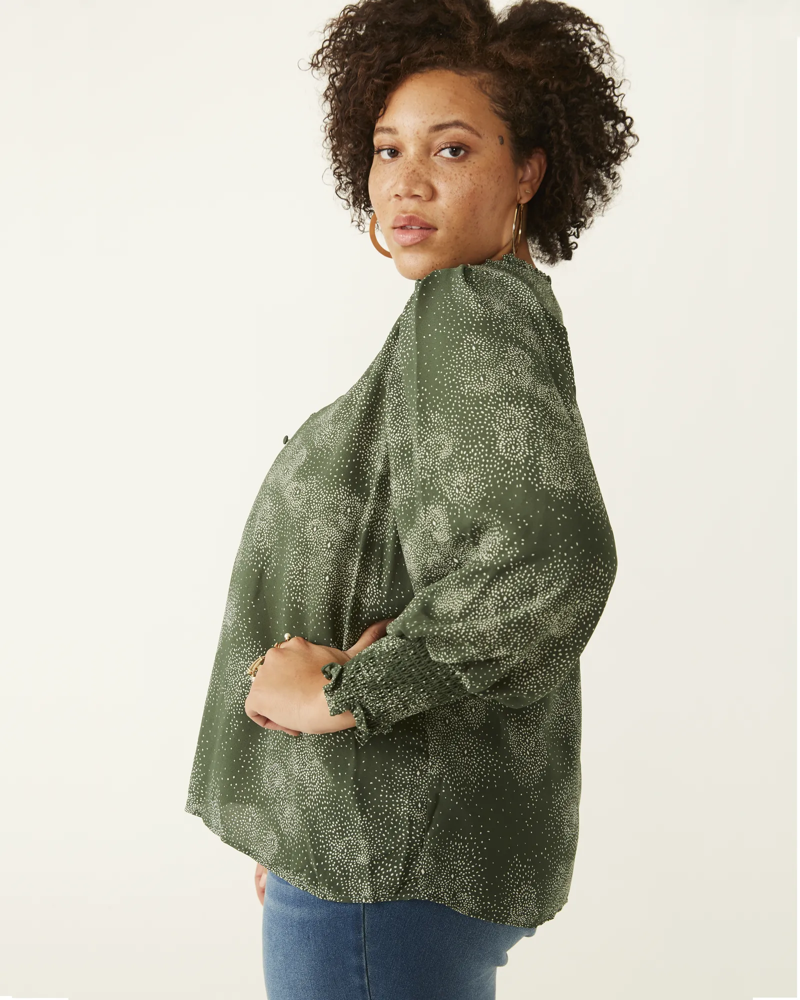 Maya Smocked Blouse | Olive Green / White