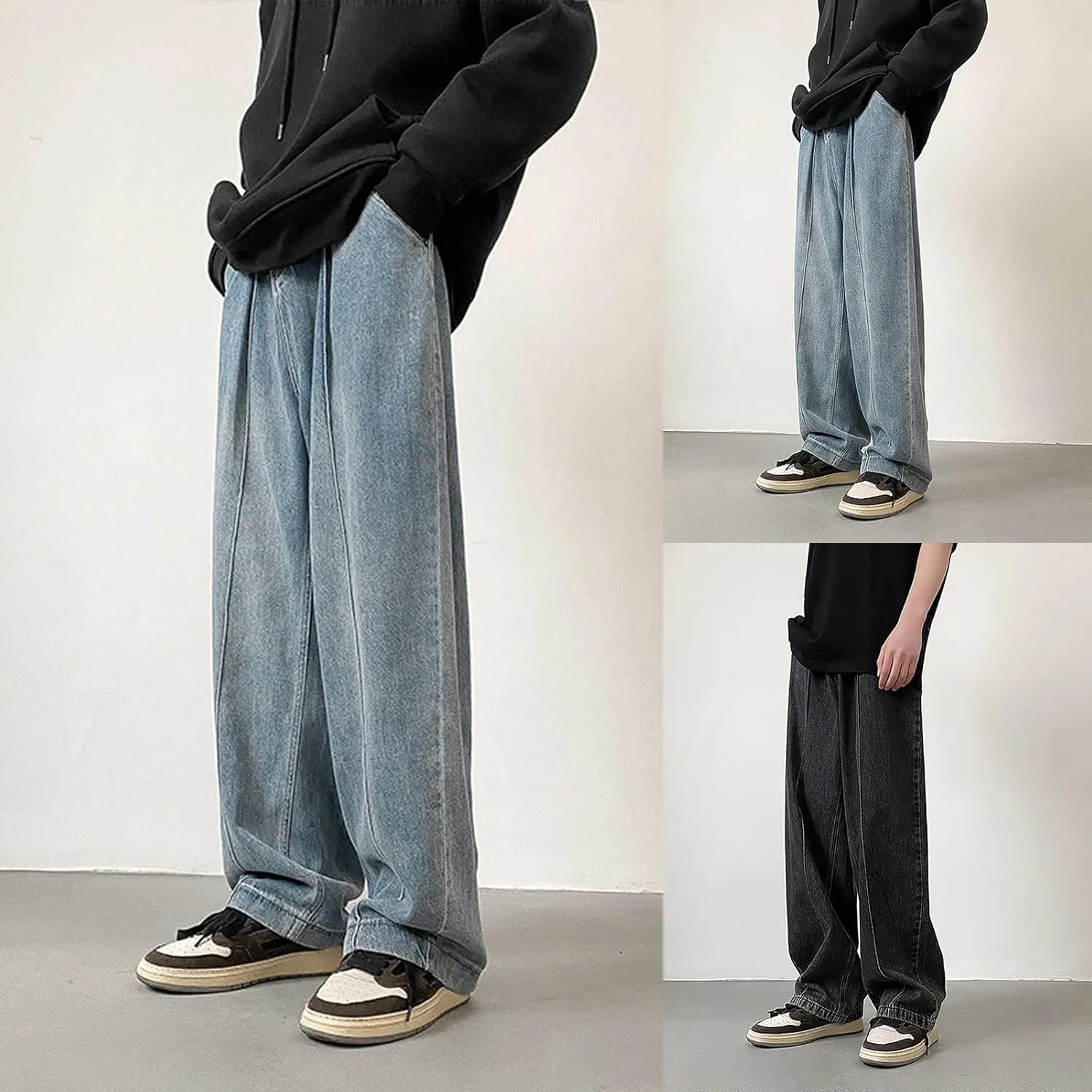 Men Fashion Loose Plus Size Jeans Street Wide Leg Trousers Pants Relaxed Fit Stretch