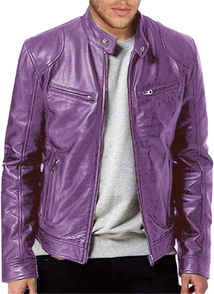 Men's Leather Biker Jacket 2024 Casual Stylish Stand Collared Zip Up Varsity Coat Motorcycle Light Weight Jackets