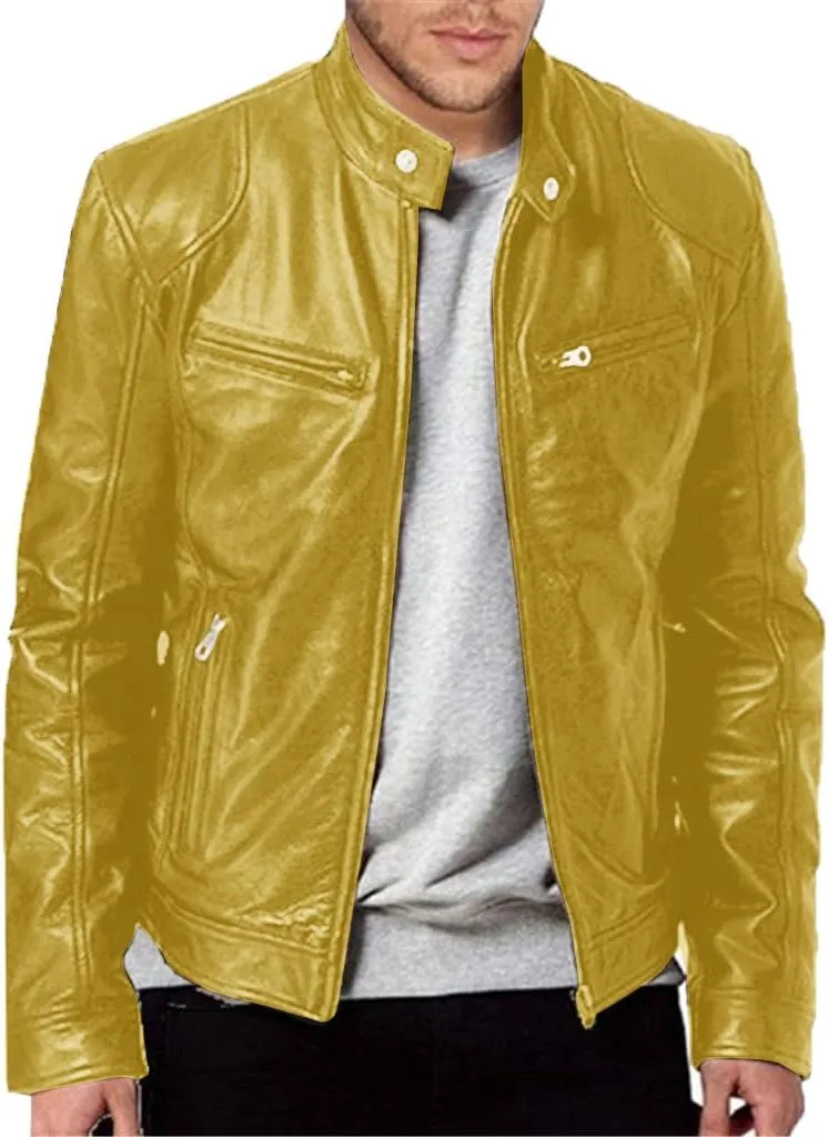 Men's Leather Biker Jacket 2024 Casual Stylish Stand Collared Zip Up Varsity Coat Motorcycle Light Weight Jackets
