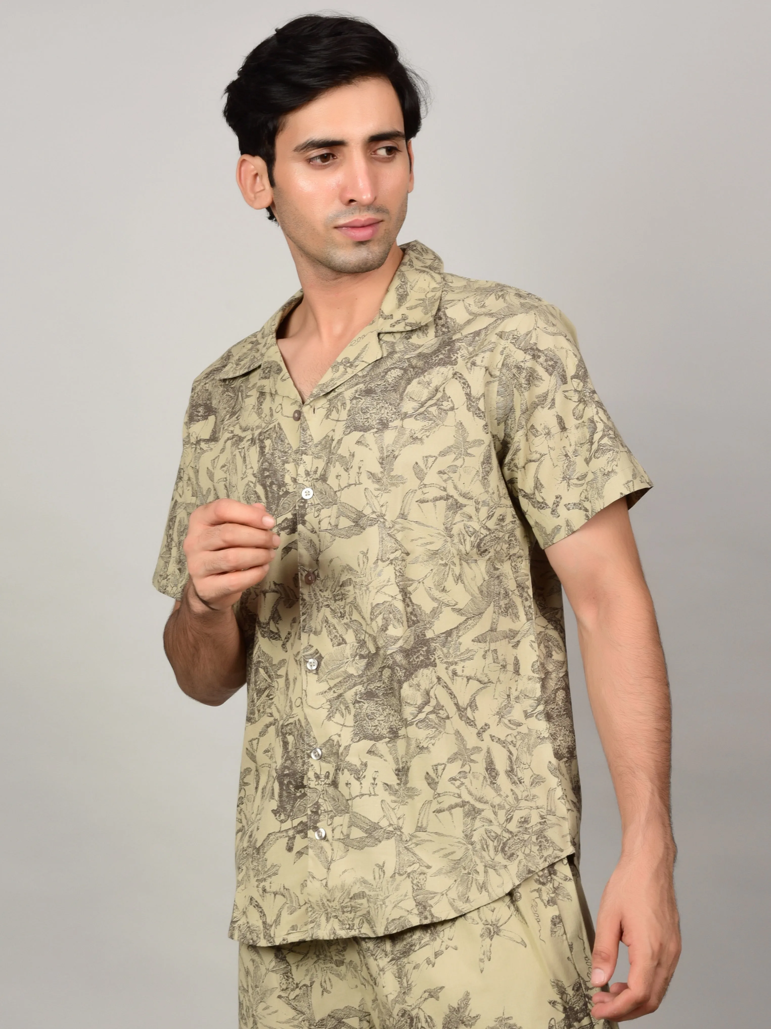 Men's Light Olive Floral Print Casual Shirt