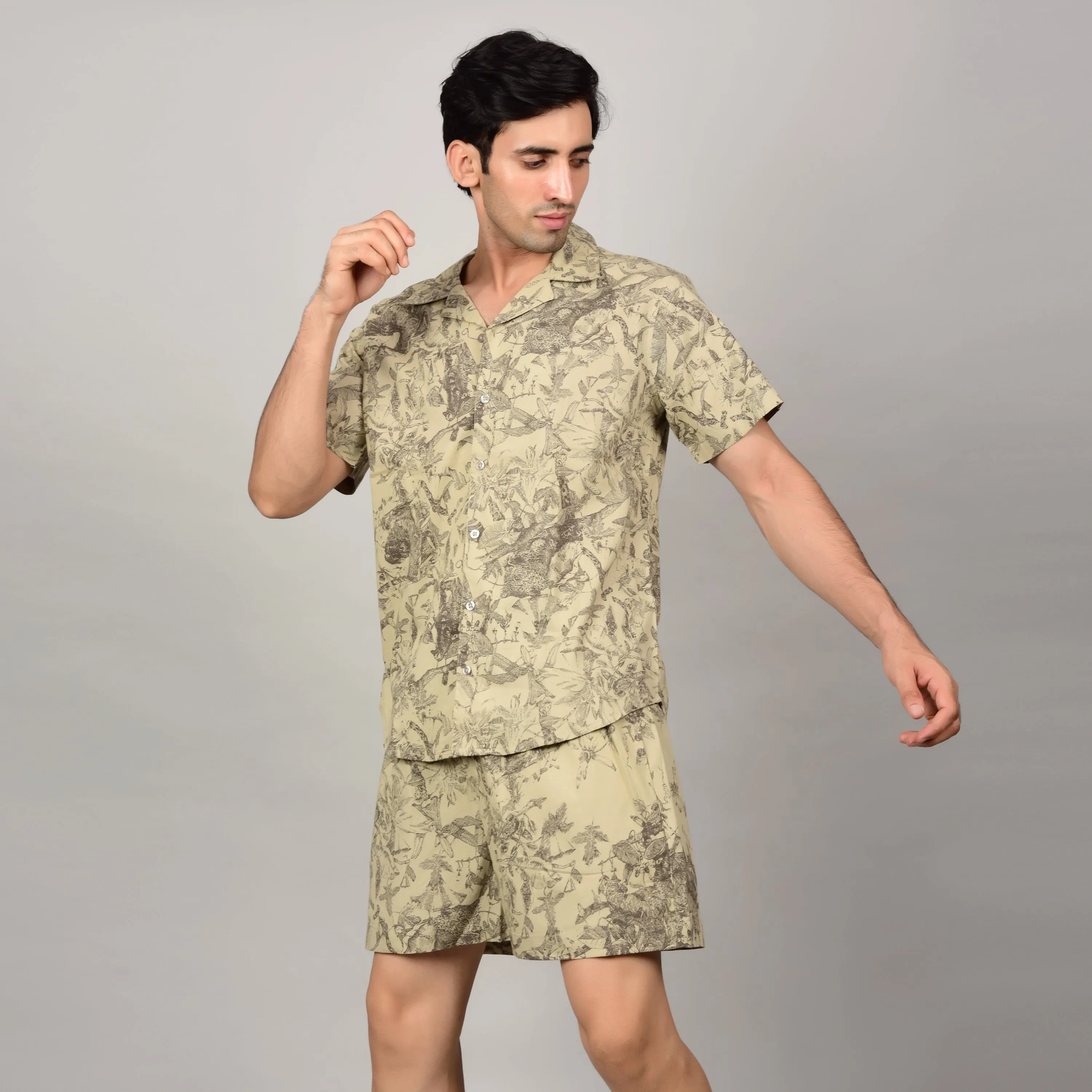 Men's Light Olive Floral Print Casual Shirt