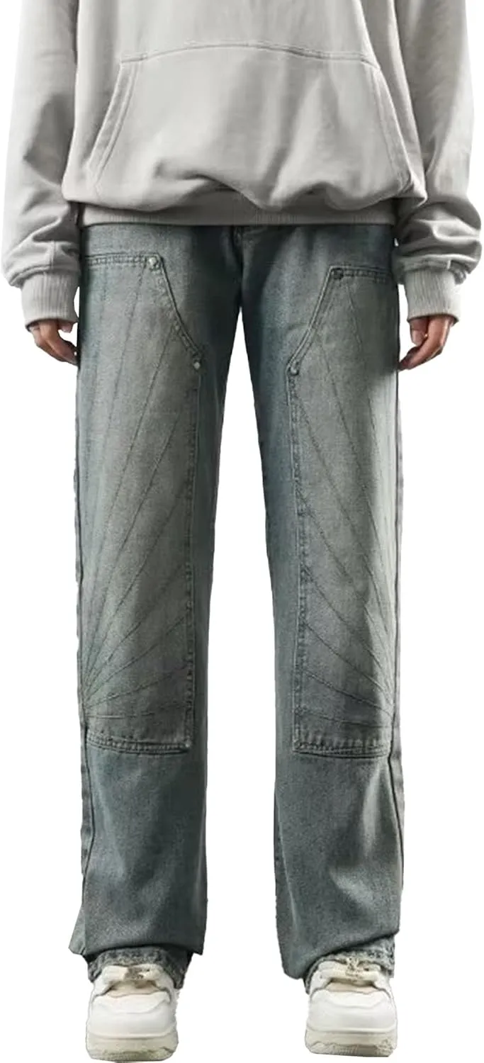 Men's Relaxed Fit Straight Leg Jeans Retro Washed Stylish Hip Hop Denim Pants Casual Loose Trousers Streetwear
