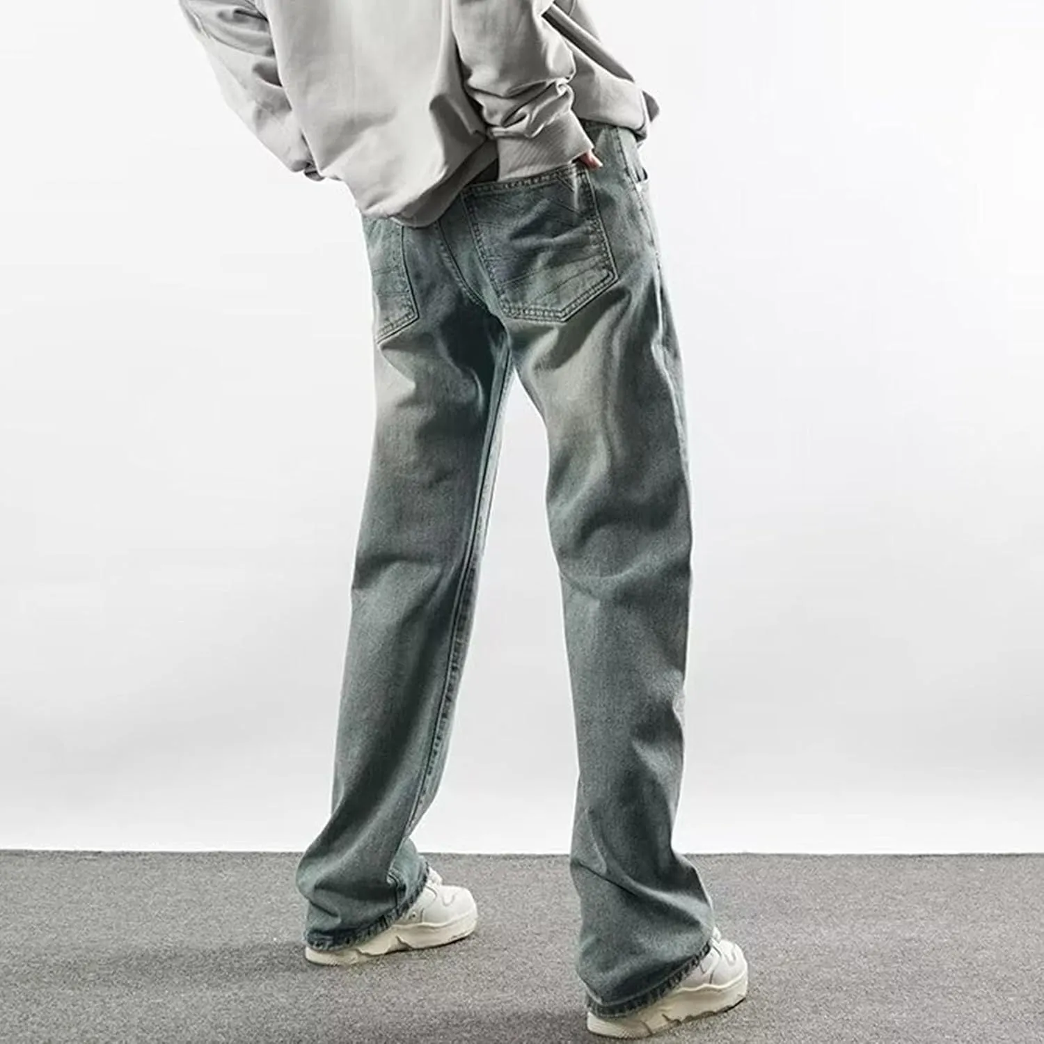 Men's Relaxed Fit Straight Leg Jeans Retro Washed Stylish Hip Hop Denim Pants Casual Loose Trousers Streetwear