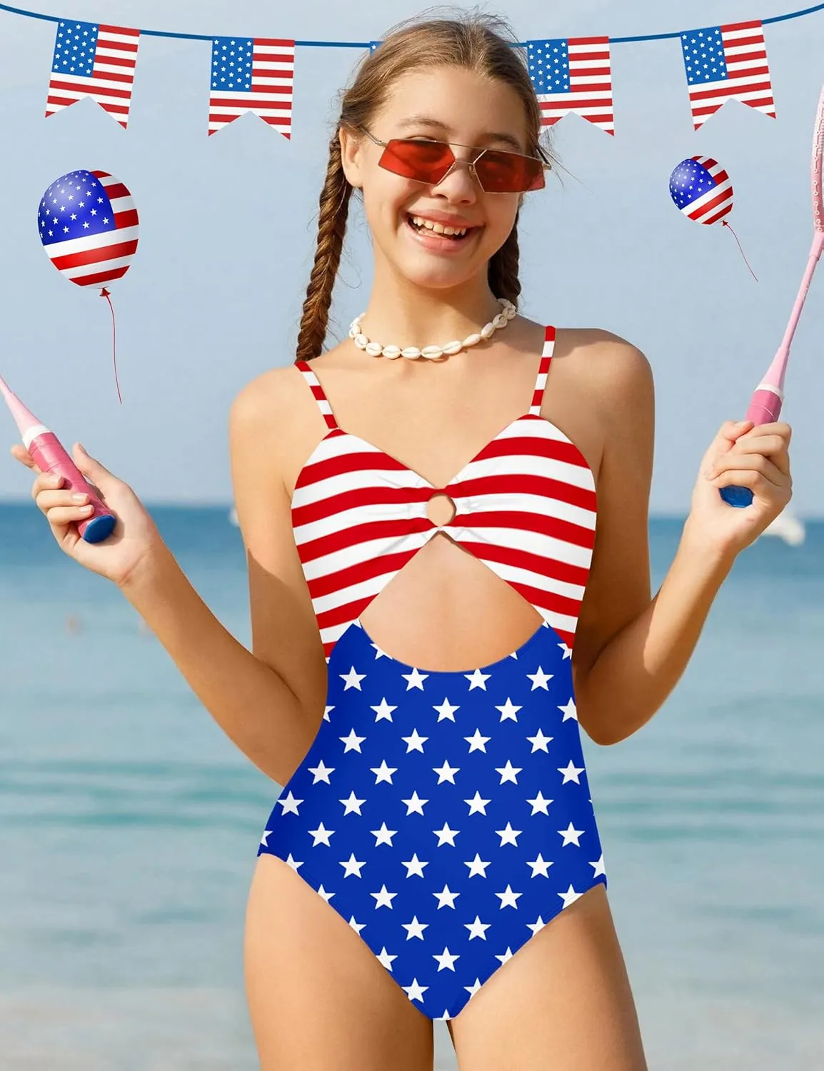 MIGU Girls One Piece Swimsuits Adjustable Straps Cutout Bathing Suit with Tropical Print Cover Up for Swimwear