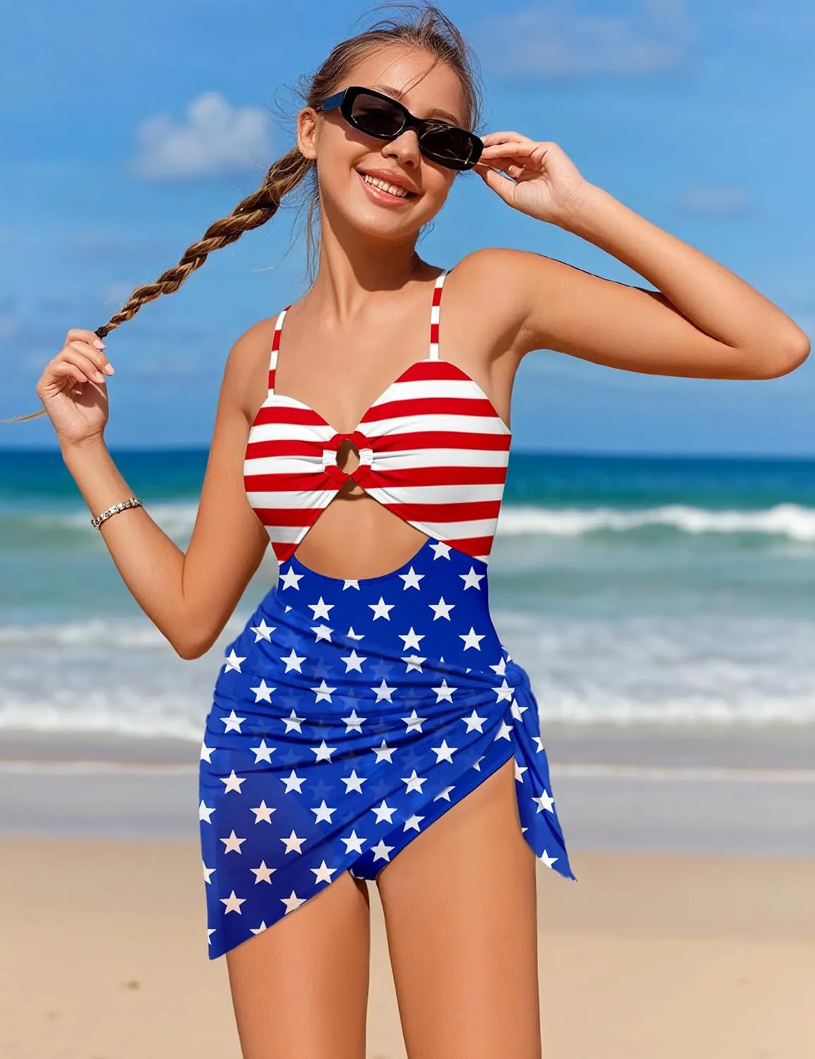 MIGU Girls One Piece Swimsuits Adjustable Straps Cutout Bathing Suit with Tropical Print Cover Up for Swimwear