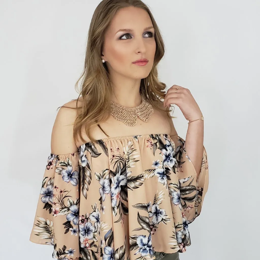 OOH Zaalima Off the Shoulder Boho Top in Blush Floral Print