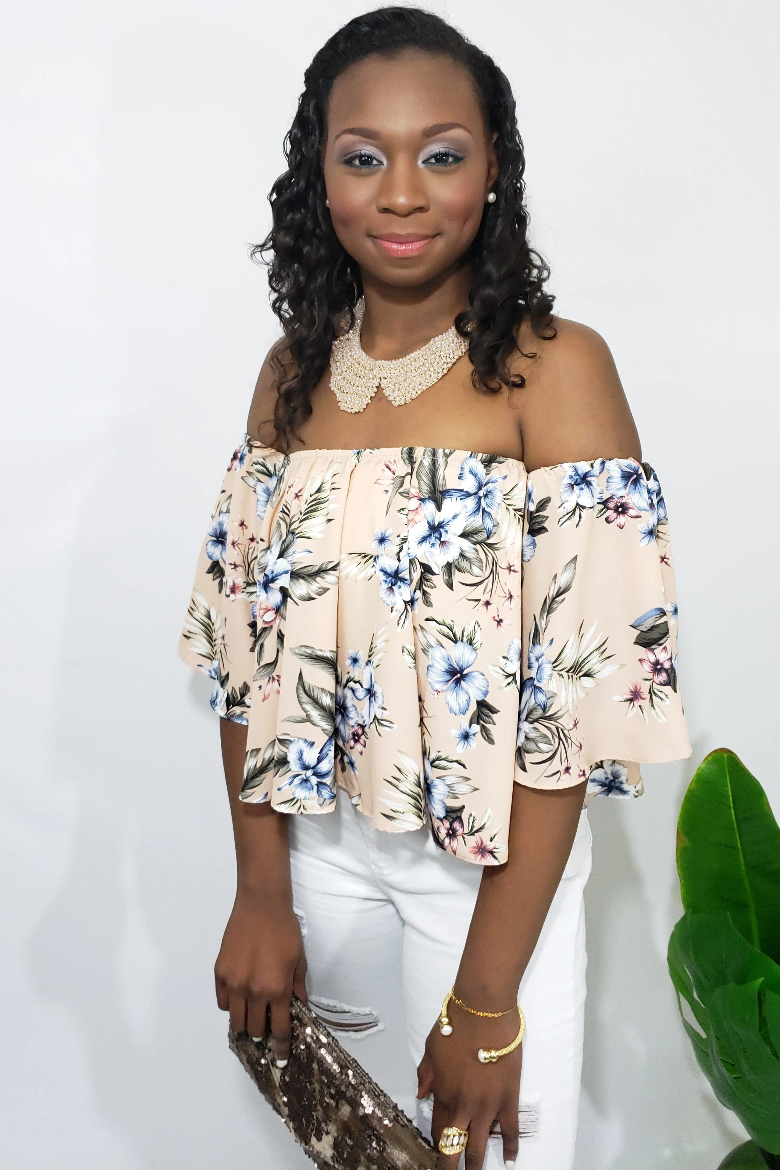 OOH Zaalima Off the Shoulder Boho Top in Blush Floral Print
