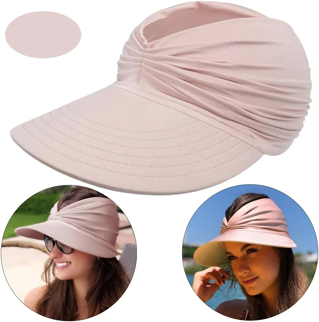 Peshoriadm Summer Women's Sun Hat, Adjustable Elastic Top Ponytail Sun Beach Hats for Women Golf Visor Wide Brim Cap