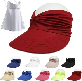 Peshoriadm Summer Women's Sun Hat, Adjustable Elastic Top Ponytail Sun Beach Hats for Women Golf Visor Wide Brim Cap
