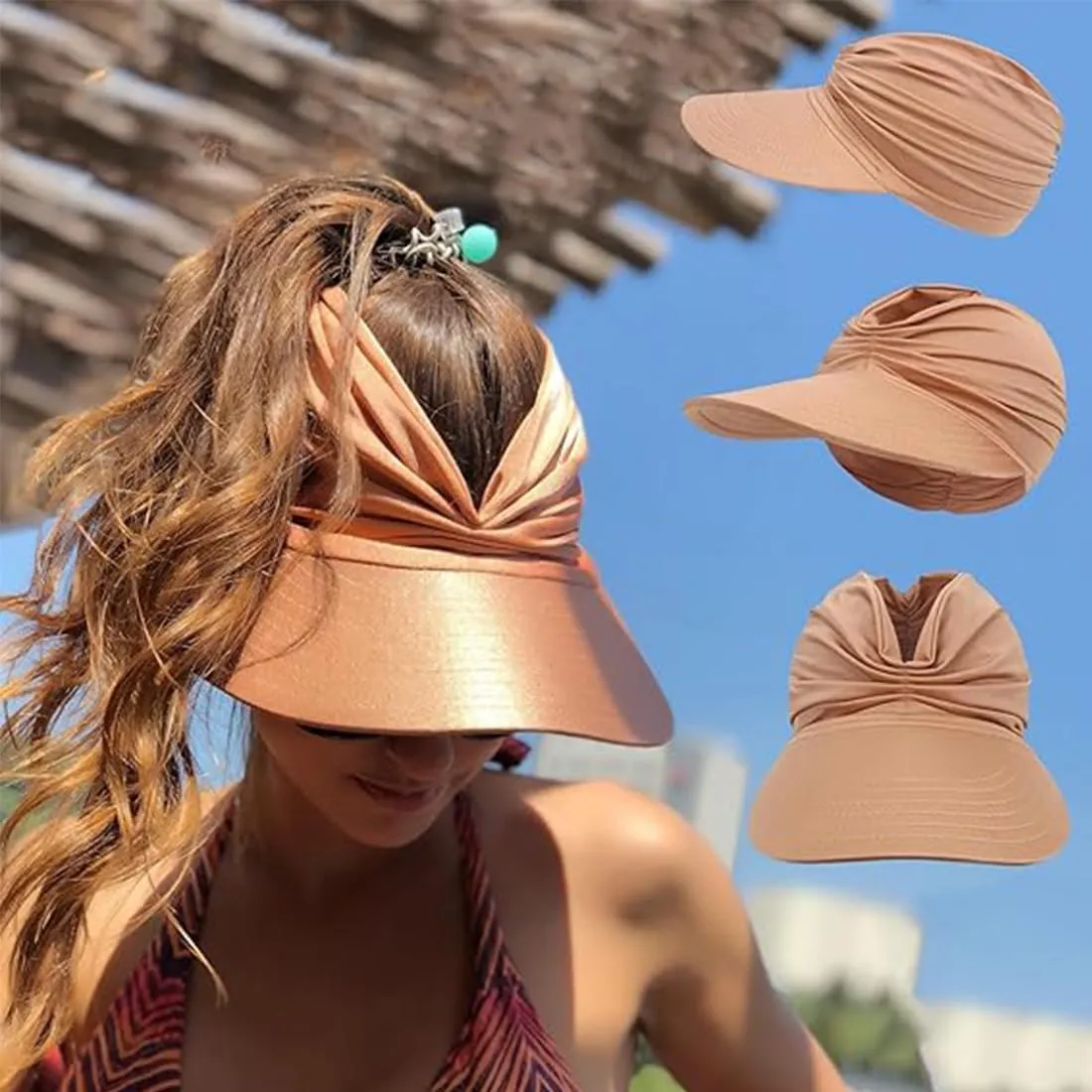Peshoriadm Summer Women's Sun Hat, Adjustable Elastic Top Ponytail Sun Beach Hats for Women Golf Visor Wide Brim Cap