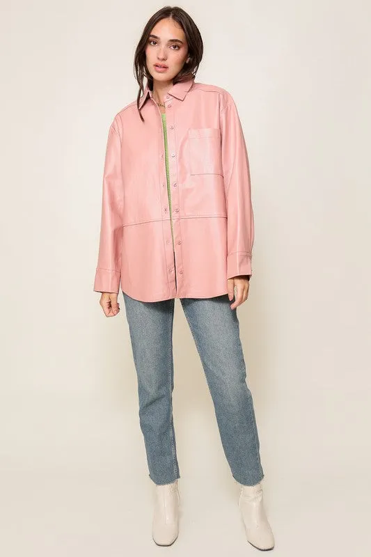 Pink Leather Button Down Shirt