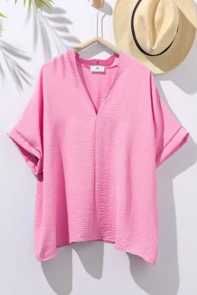 Pink Oversized Vneck Folded Short Sleeve Top