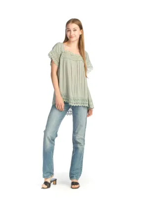 PT14060 SAGE Crinkled Flowy Lace Detail Blouse