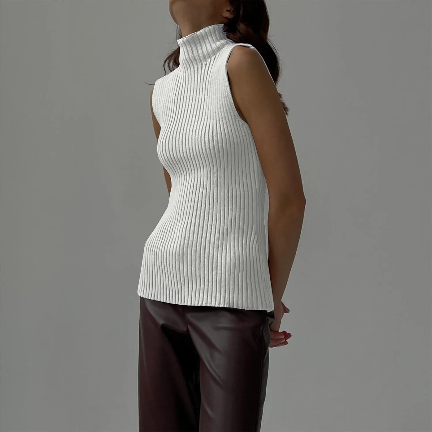 Ribbed Knit Tank Top for Women Turtleneck Sleeveless Sweater Blouse Solid Color Tunic Summer Trendy Shirt