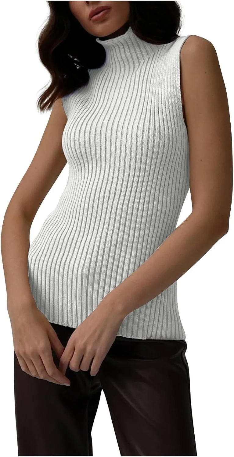Ribbed Knit Tank Top for Women Turtleneck Sleeveless Sweater Blouse Solid Color Tunic Summer Trendy Shirt