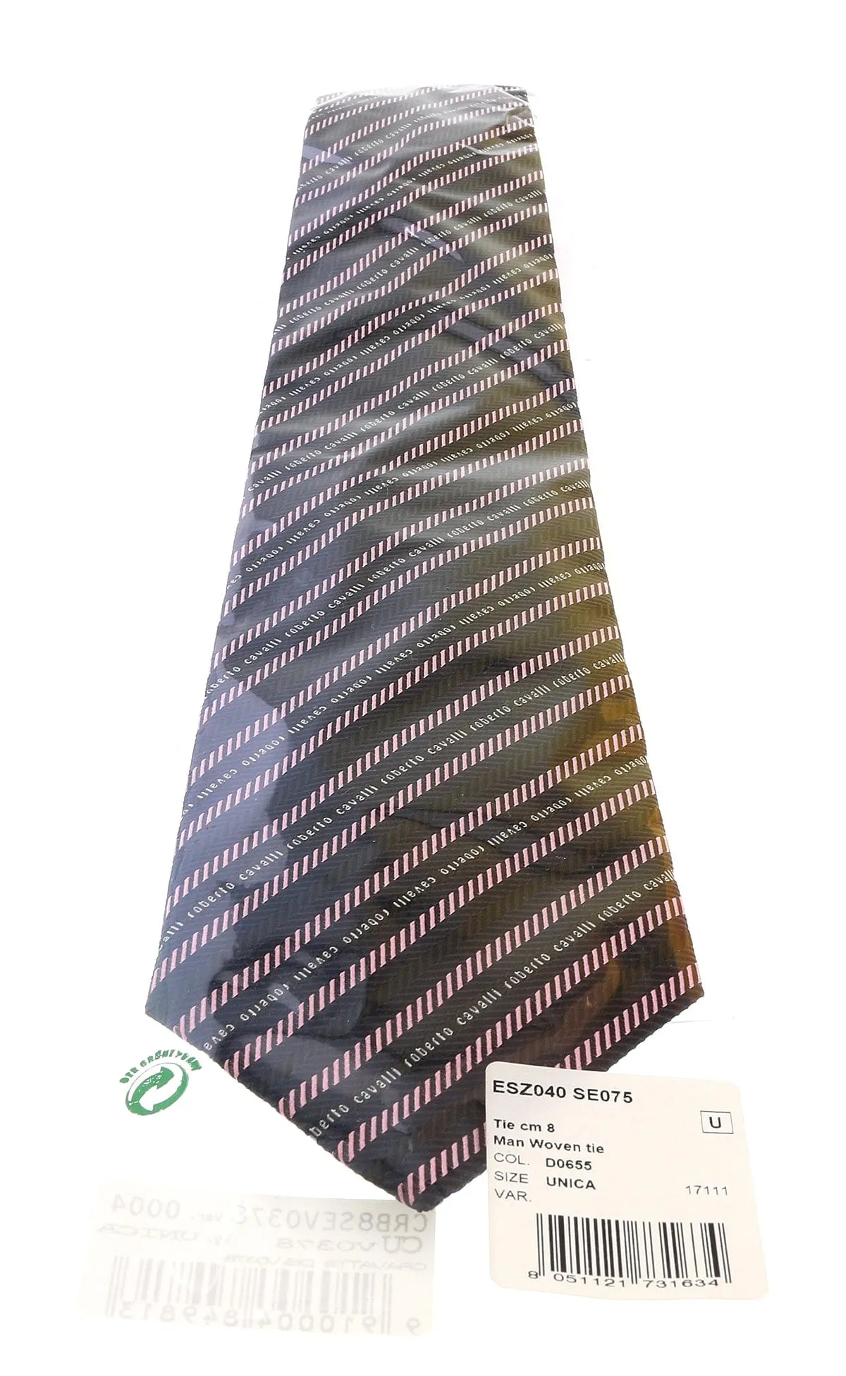 Roberto Cavalli ESZ040 D0655 Black/ Light Pink Regimental Stripe Herringbone Tie