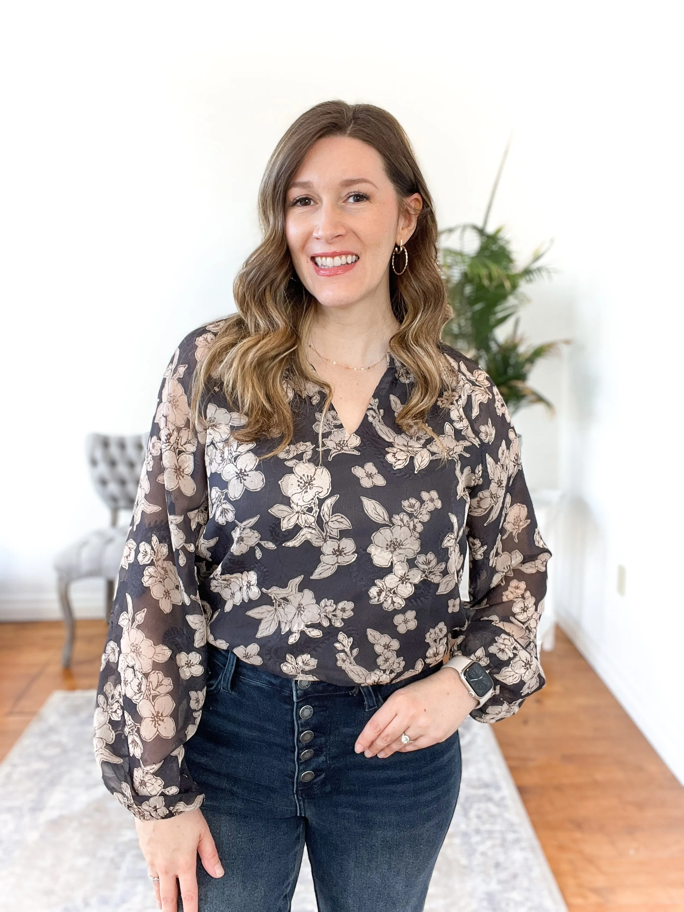 Shelby Floral Sheer-Sleeve Blouse