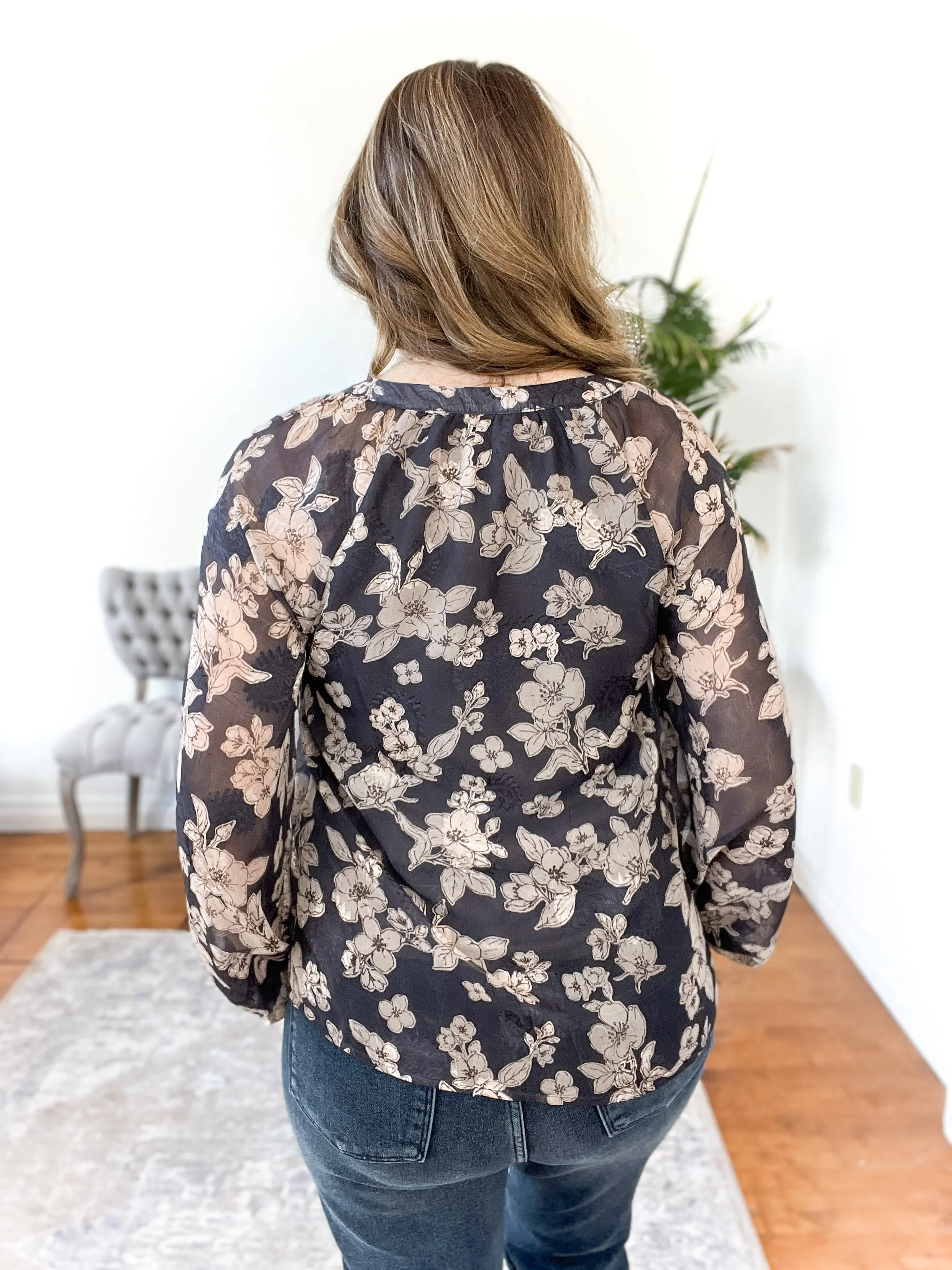Shelby Floral Sheer-Sleeve Blouse
