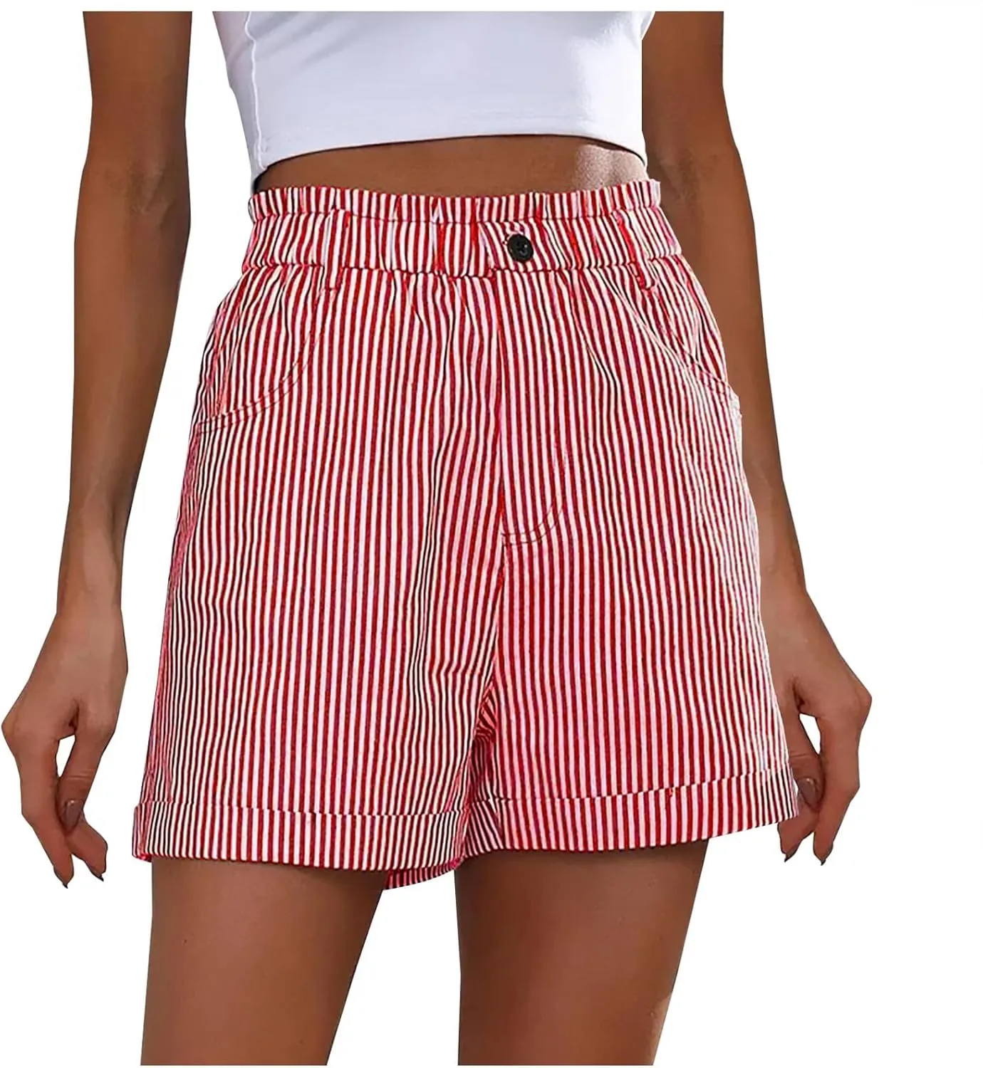 Striped Shorts for Women Inch Inseam Cotton Linen Stretchy Lounge Shorts Comfy Lounge Baggy Shorts with Pockets