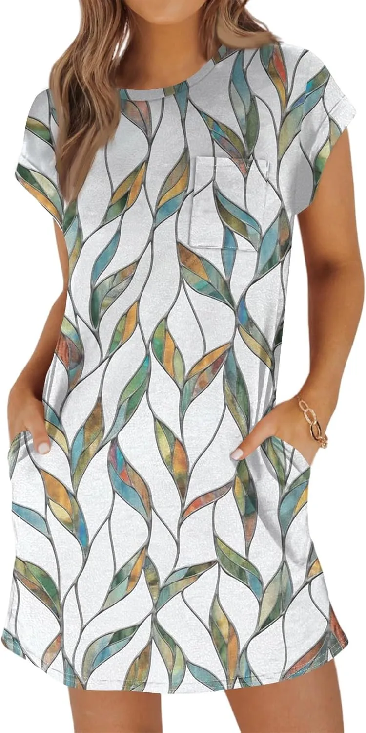 Summer Dresses for Women 2025 Printed T Shirt Dress Casual Short Sleeve Crewneck Loose Fit Mini Dresses with Pockets