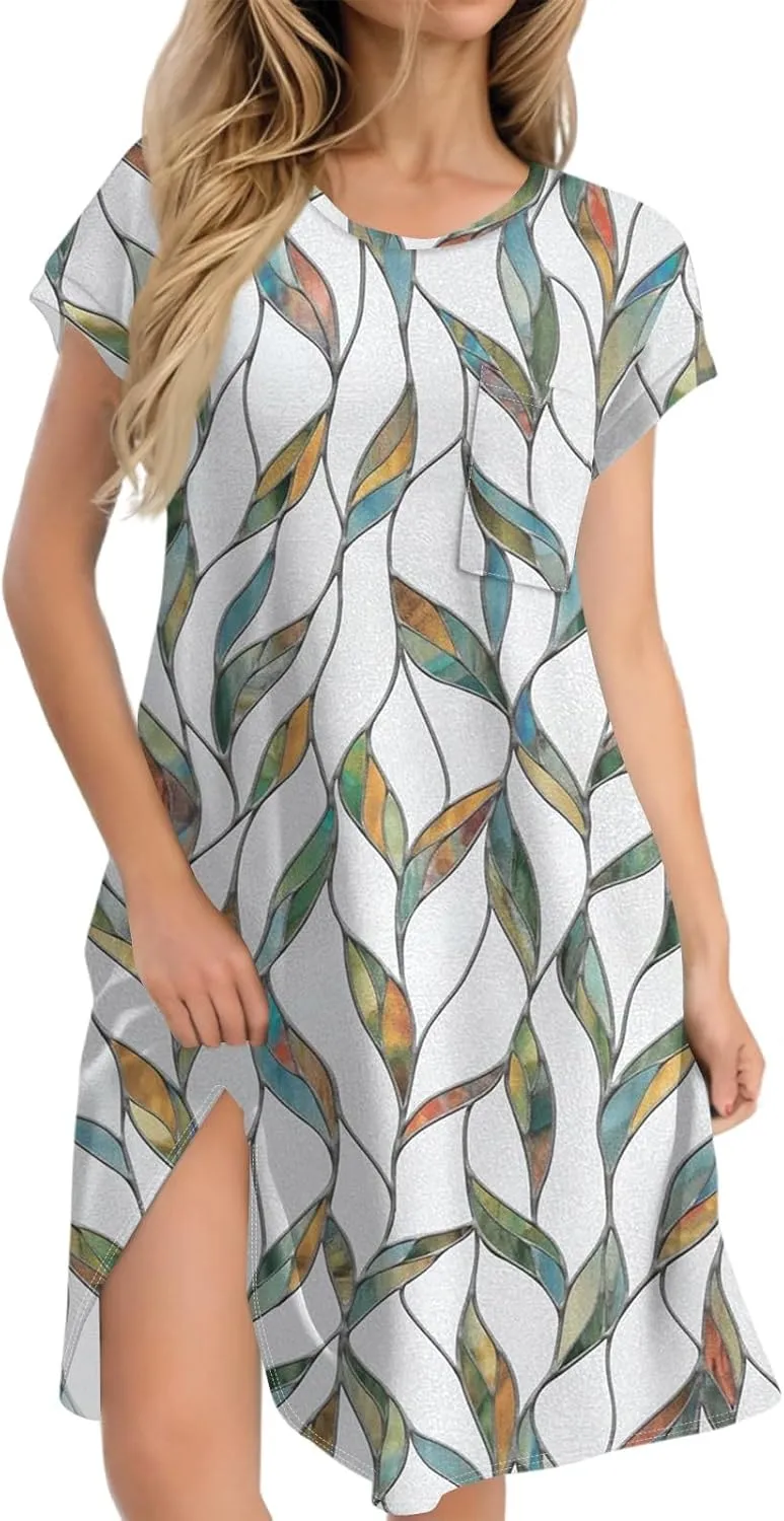 Summer Dresses for Women 2025 Printed T Shirt Dress Casual Short Sleeve Crewneck Loose Fit Mini Dresses with Pockets