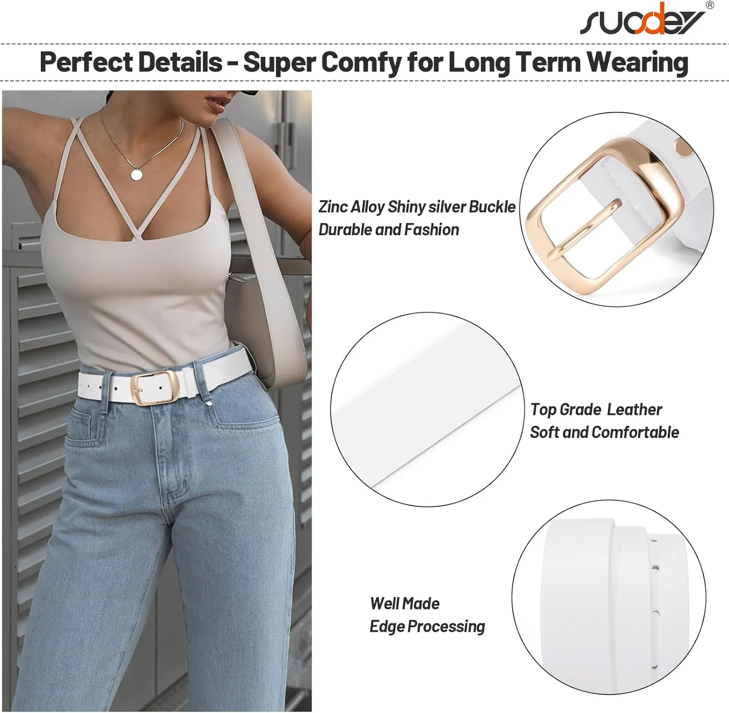 SUOSDEY Fashion Womens Leather Belt, Soft Leather Waist Belt with Gold Pin Buckle for Jeans Pants,width 1.3"
