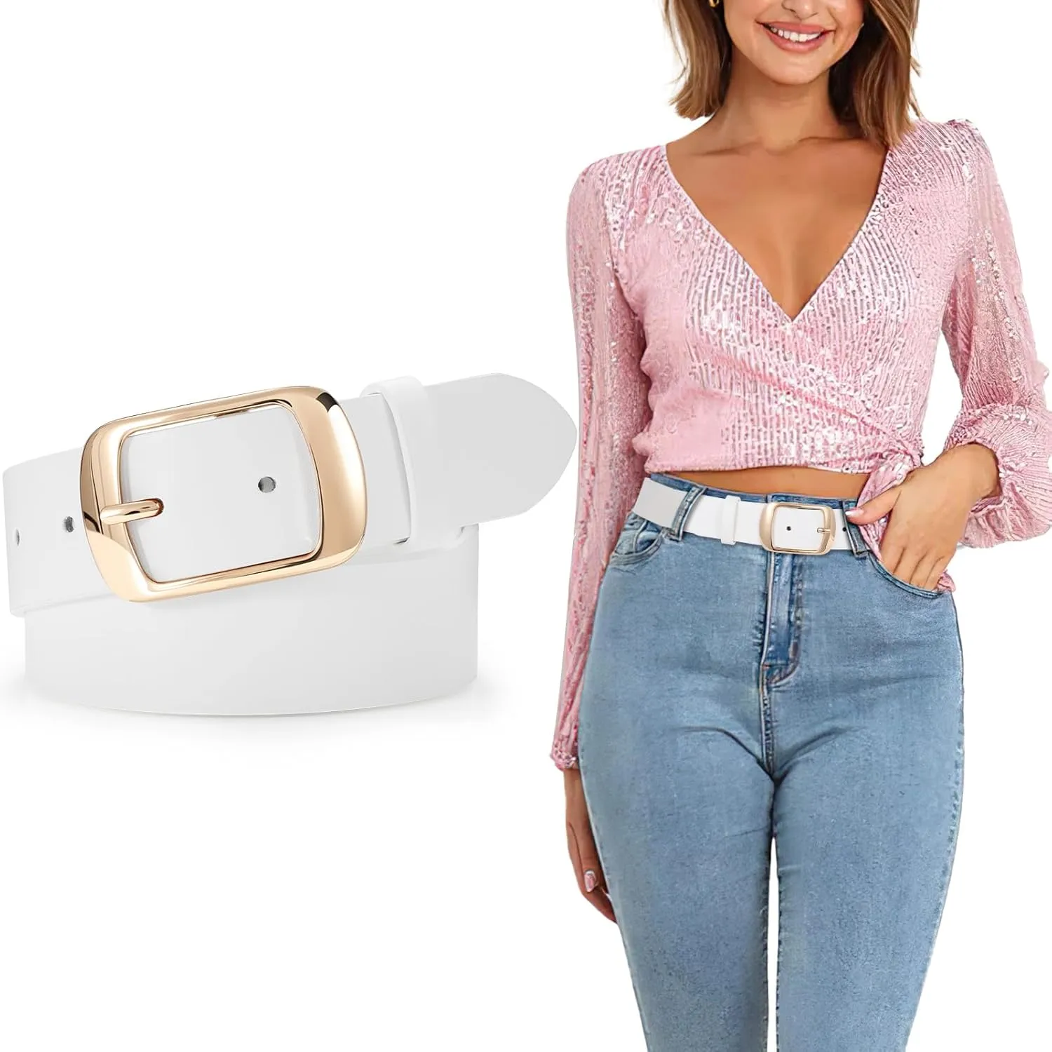SUOSDEY Fashion Womens Leather Belt, Soft Leather Waist Belt with Gold Pin Buckle for Jeans Pants,width 1.3"