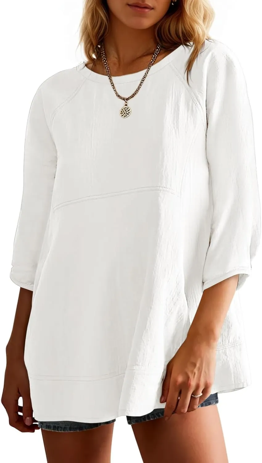 Tankaneo Womens 3/4 Sleeve Tunic Tops Casual Summer Peplum Flowy Oversized Babydoll Blouse Shirts
