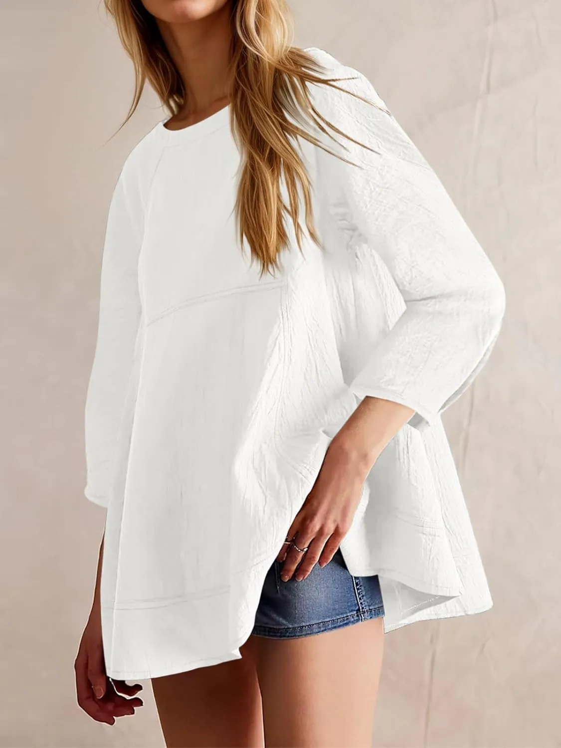 Tankaneo Womens 3/4 Sleeve Tunic Tops Casual Summer Peplum Flowy Oversized Babydoll Blouse Shirts