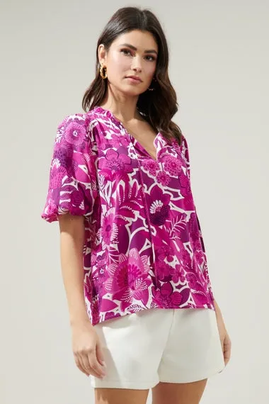 Tropical Orchid Puff Sleeve Blouse
