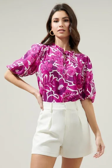 Tropical Orchid Puff Sleeve Blouse