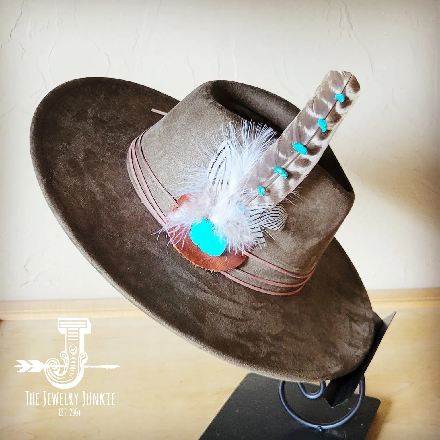 Turquoise Accent Turkey Feather Hat Band   Choice of Hat 986j