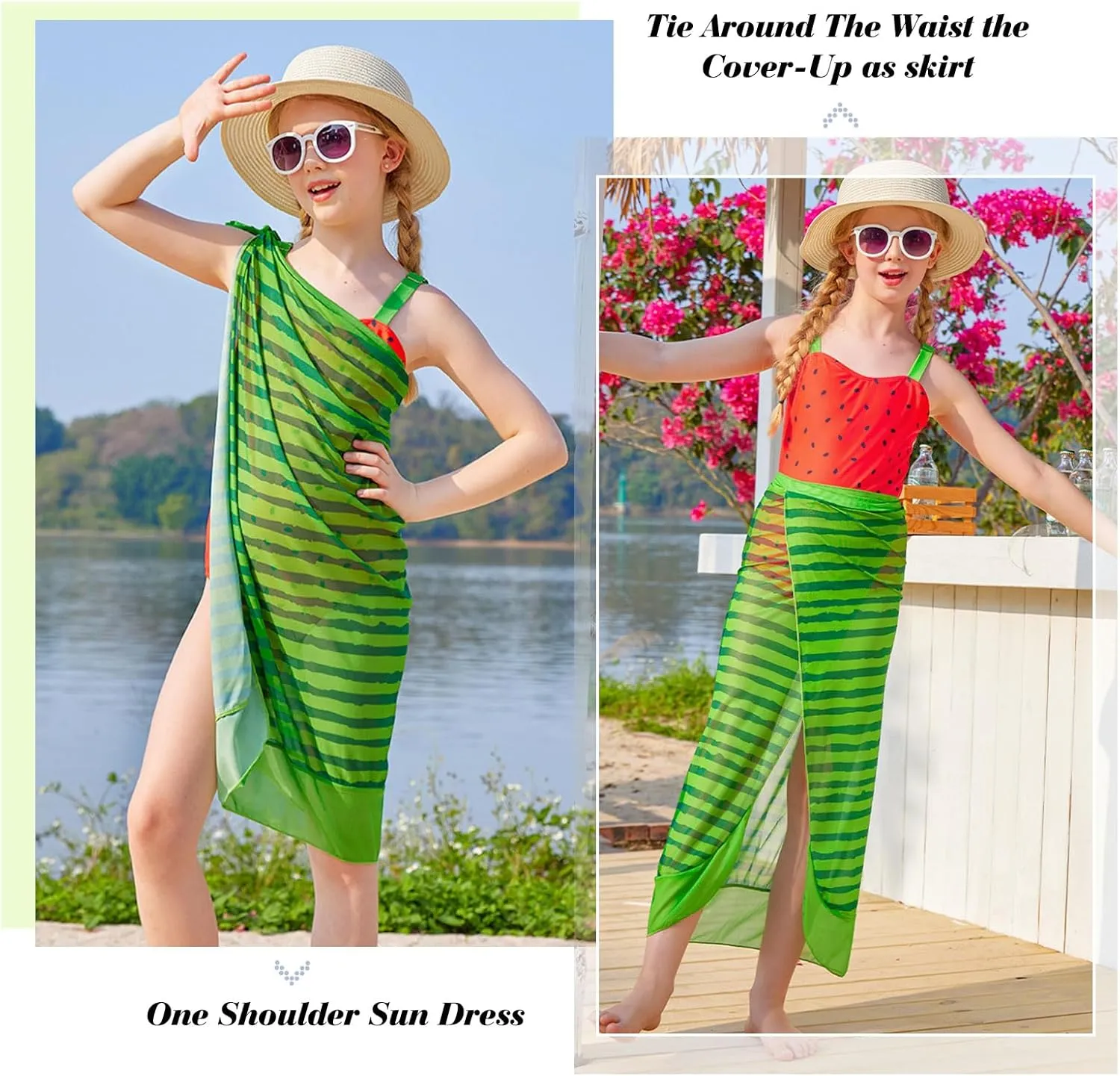 uideazone Girls One Piece Swimsuit with Cover Up Wrap Skirt Set Cool Printed Two Piece Bathing Suit 6-12T