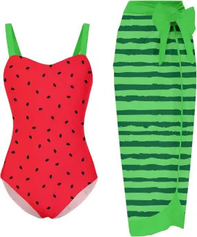 uideazone Girls One Piece Swimsuit with Cover Up Wrap Skirt Set Cool Printed Two Piece Bathing Suit 6-12T