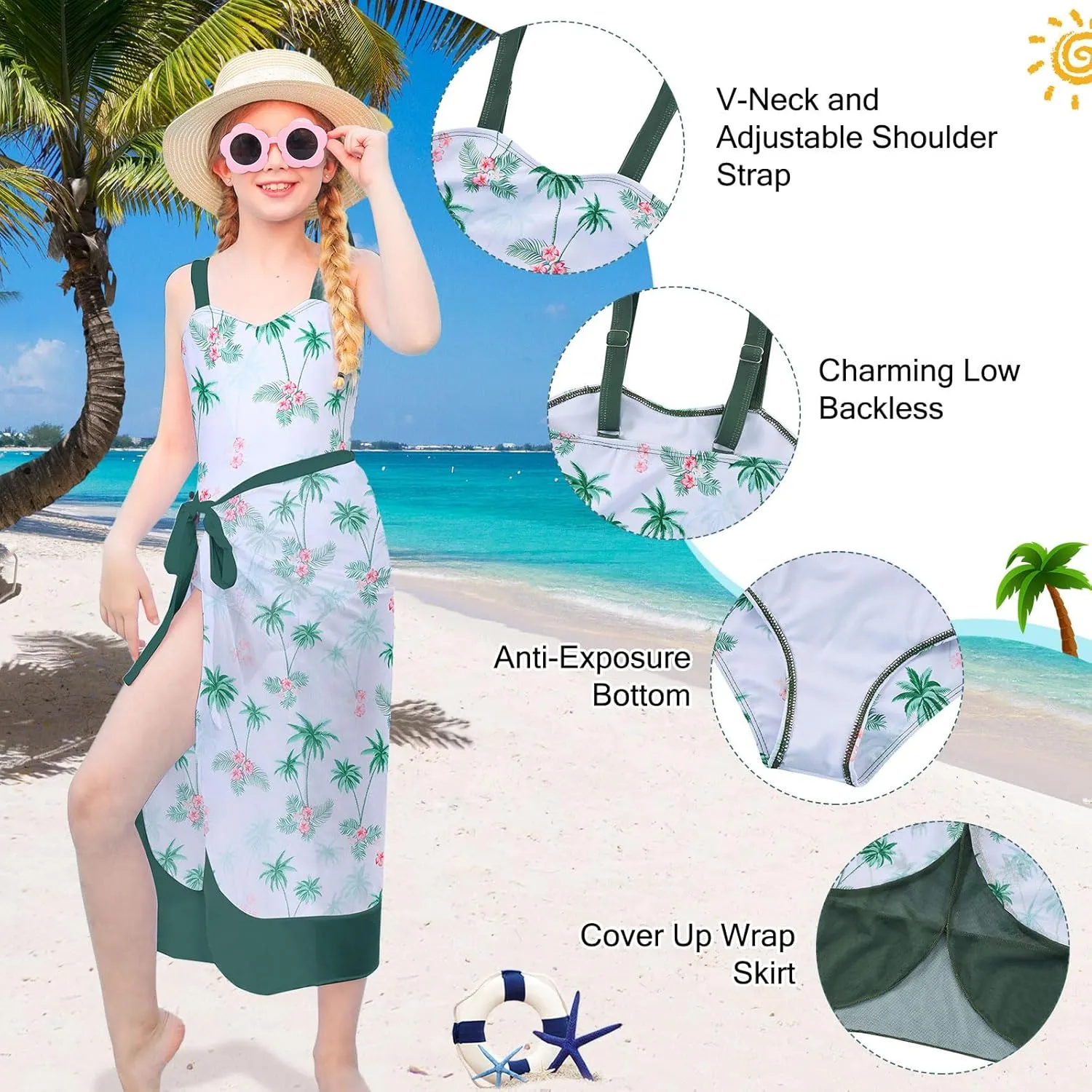 uideazone Girls One Piece Swimsuit with Cover Up Wrap Skirt Set Cool Printed Two Piece Bathing Suit 6-12T