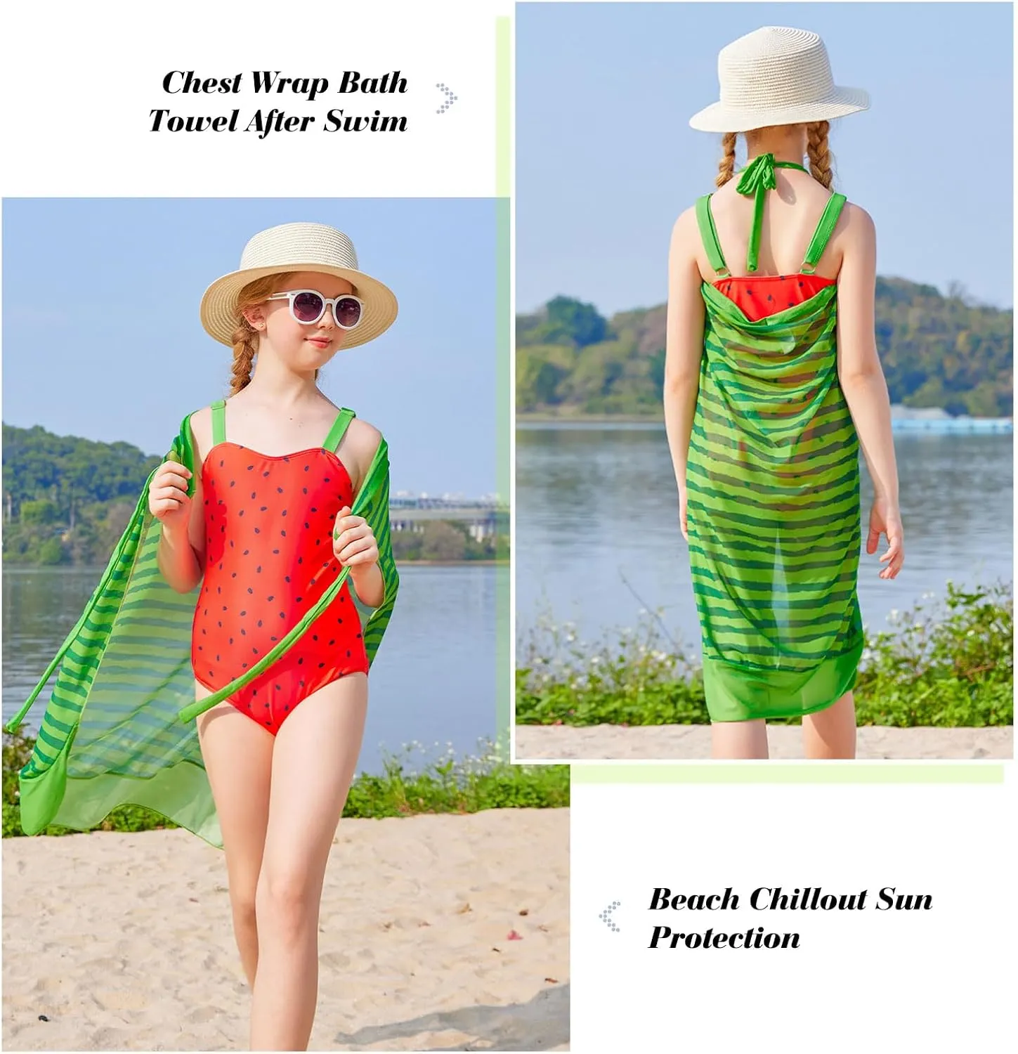 uideazone Girls One Piece Swimsuit with Cover Up Wrap Skirt Set Cool Printed Two Piece Bathing Suit 6-12T