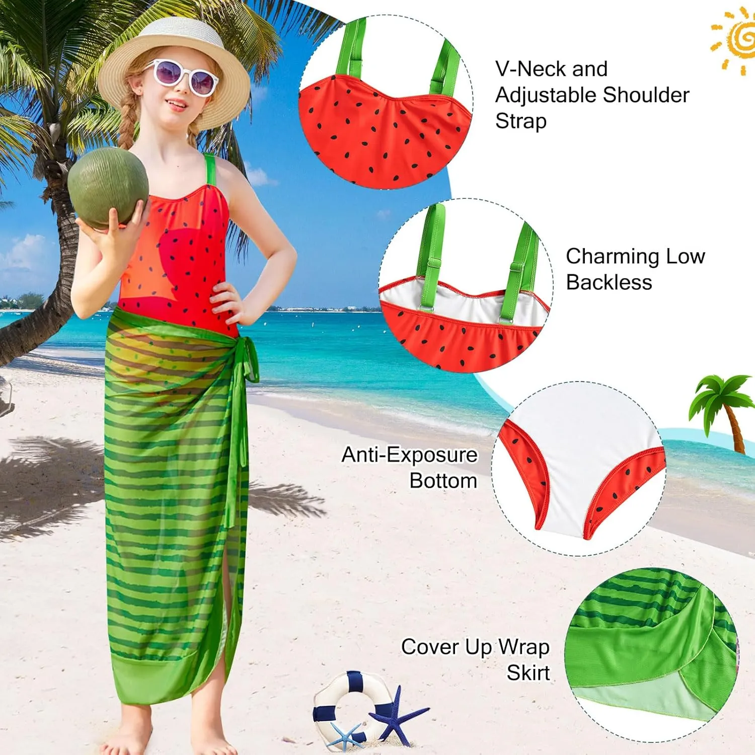 uideazone Girls One Piece Swimsuit with Cover Up Wrap Skirt Set Cool Printed Two Piece Bathing Suit 6-12T