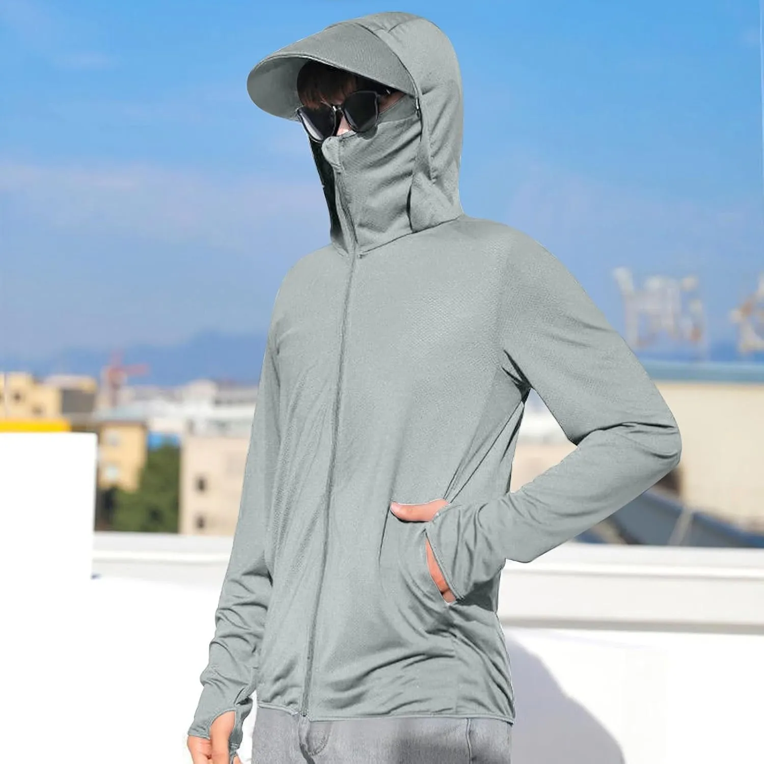 Unisex UPF 50  Light Jacket Full Zip Sun Protection Hoodie Long Sleeve Sun Shirts UV Fishing Hiking Athletic Running Outwear