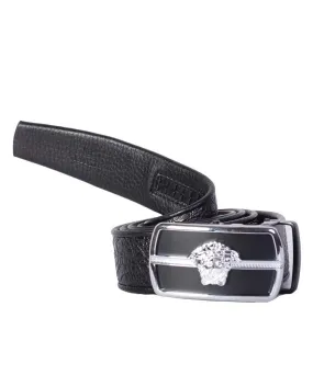 Versace Stylish Black Silver Medusa Logo Leather Belt