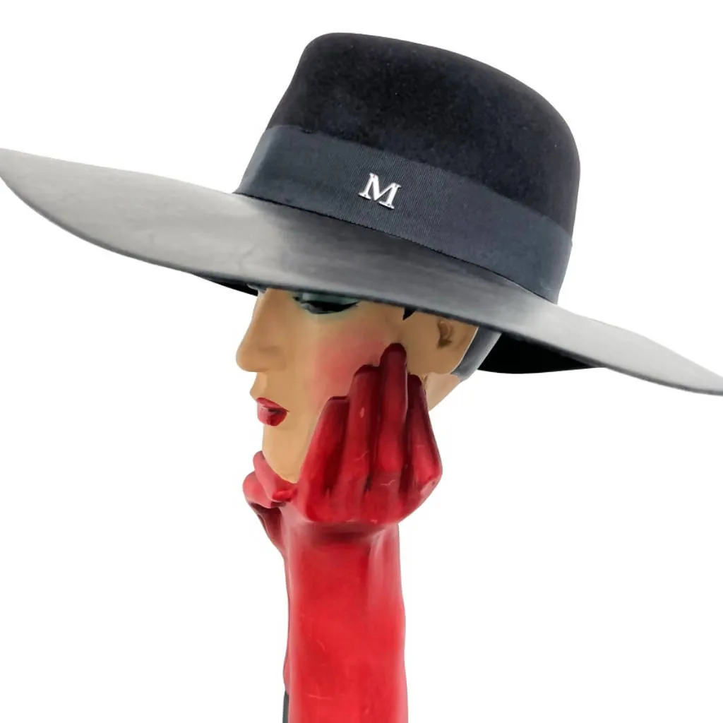 Vintage Masion Michel Paris All Black Chic Leather Felt Wide Brim Hat