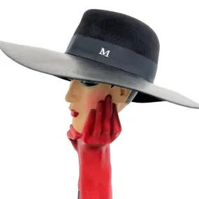 Vintage Masion Michel Paris All Black Chic Leather Felt Wide Brim Hat