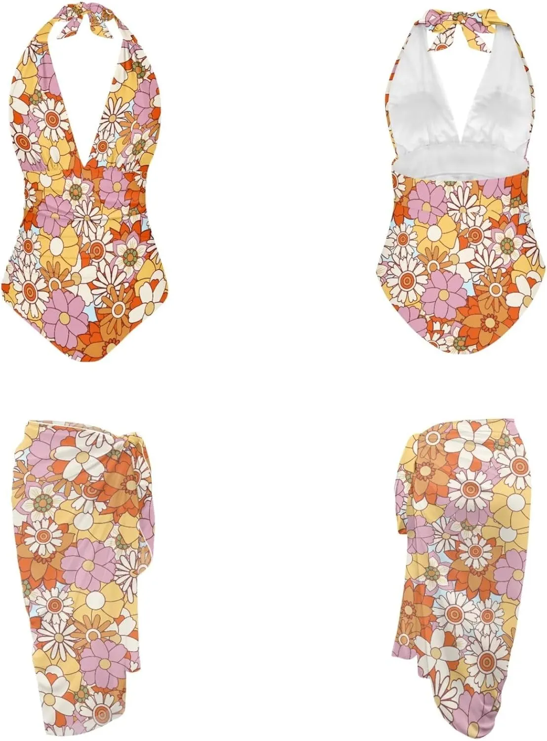 Women One Piece Swimsuit with Cover Up Sets Wrap Skirt Sarong Bathing Suit Swimwear Beach Outfit for Summer