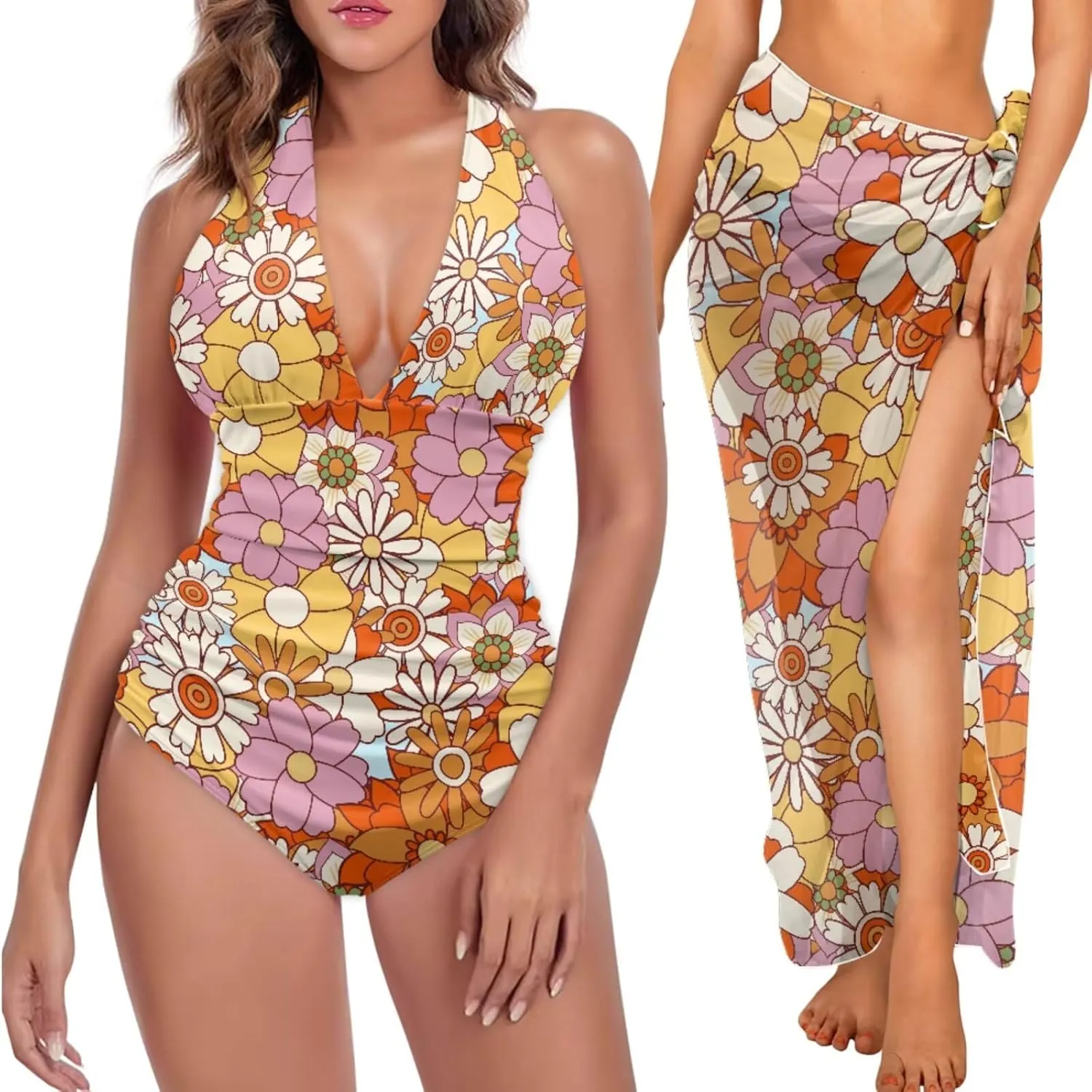 Women One Piece Swimsuit with Cover Up Sets Wrap Skirt Sarong Bathing Suit Swimwear Beach Outfit for Summer